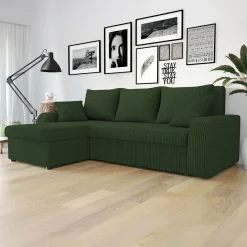 Garnero Arredamenti Divani Angolari|Divani Letto-Divano letto angolare 3 posti 238x147cm con contenitore a coste verde Flow Velluto Poso Verde