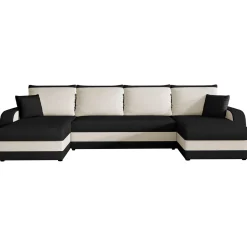 Garnero Arredamenti Divani Panoramici|Divani Angolari-Divano letto angolare 5 posti 304cm contenitore nero ecru Assunta Tessuto Vellutato Alova Nero Beige