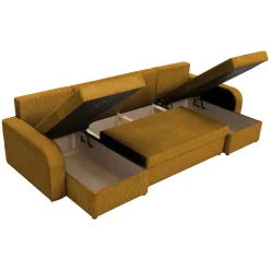 Garnero Arredamenti Divani Panoramici|Divani Angolari-Divano letto angolare 5 posti 304cm con contenitore velluto a coste senape Assunta Velluto Poso Senape