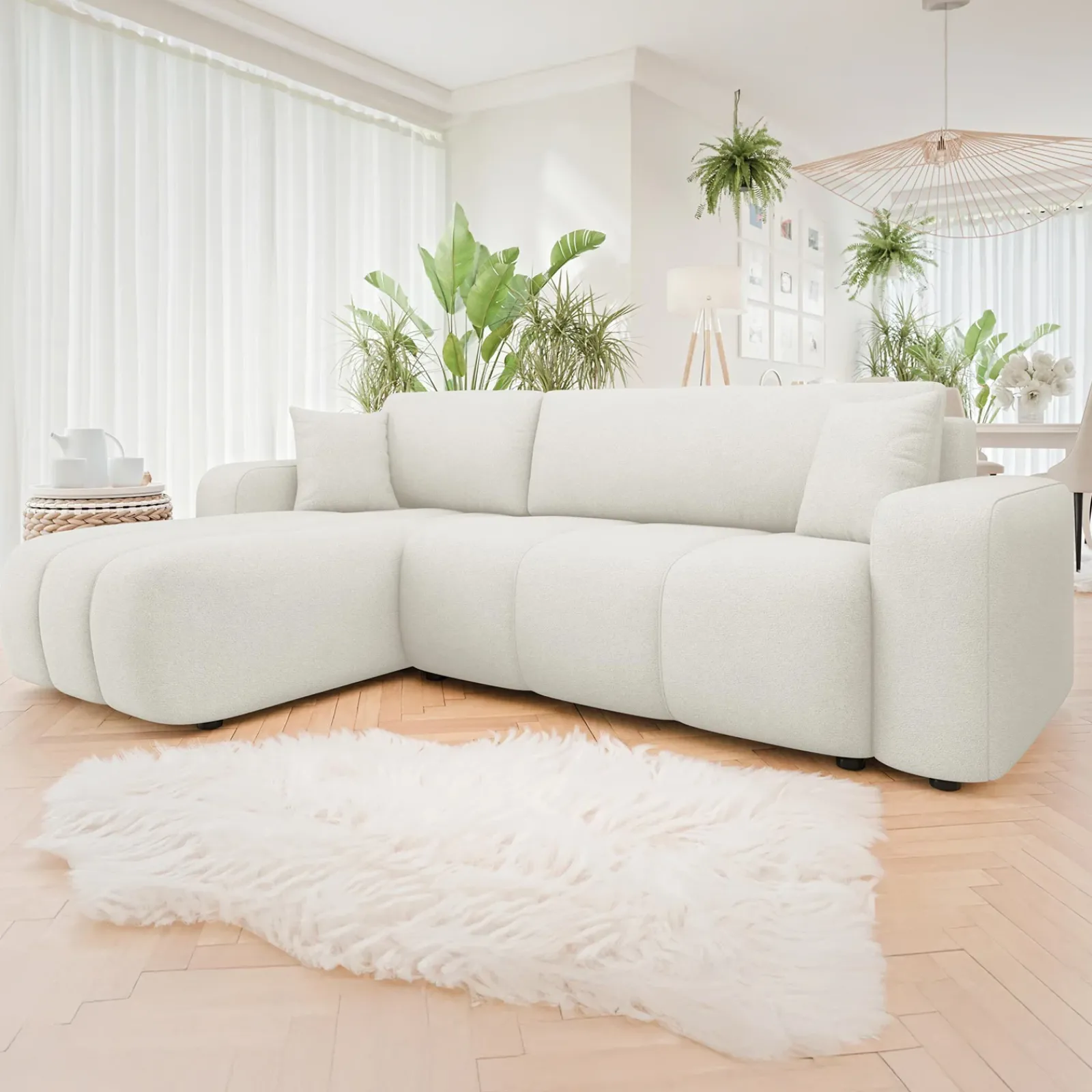 Garnero Arredamenti Divani Angolari|Divani Letto-Divano letto angolare 3 posti 244x145cm con contenitore tessuto beige Orama Tessuto Velo Beige