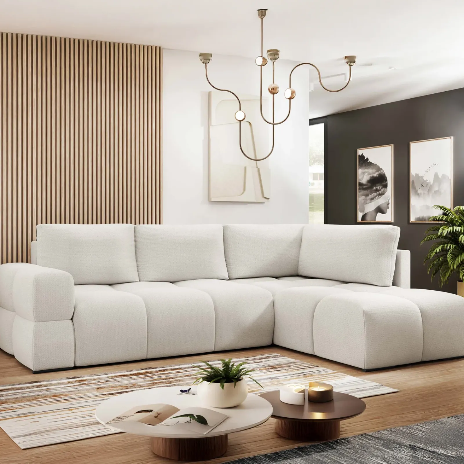 Garnero Arredamenti Divani Angolari|Divani Letto-Divano letto angolare 3 posti 267x185cm box contenitore bianco perla Sottovoce Tessuto Artico Bianco perla
