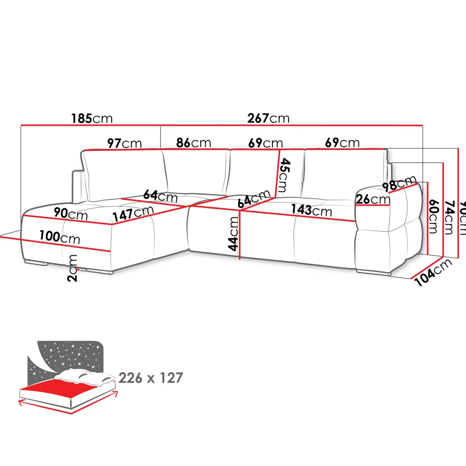 Garnero Arredamenti Divani Angolari|Divani Letto-Divano letto angolare 3 posti 267x185cm box contenitore bianco perla Sottovoce Tessuto Artico Bianco perla
