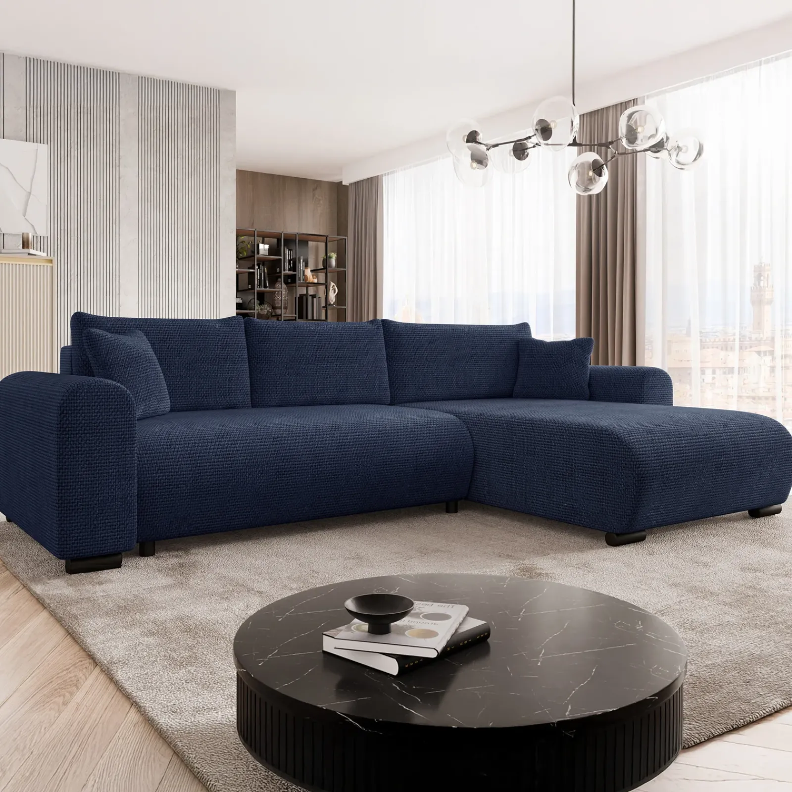 Garnero Arredamenti Divani Angolari|Divani Letto-Divano letto angolare 4 posti 285x188cm con contenitore a trama spessa blu Soft Tessuto Flow a Trama Spessa Blu