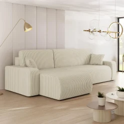 Garnero Arredamenti Divani Angolari|Divani Letto-Divano letto angolare 3 posti 244x145cm con contenitore a coste beige Slurp Velluto Poso Beige
