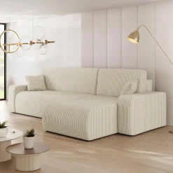 Garnero Arredamenti Divani Angolari|Divani Letto-Divano letto angolare 3 posti 244x145cm con contenitore a coste beige Slurp Velluto Poso Beige