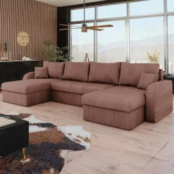 Garnero Arredamenti Divani Panoramici|Divani Angolari-Divano letto angolare 5 posti 304cm con contenitore velluto a coste rosa Assunta Velluto Poso Rosa