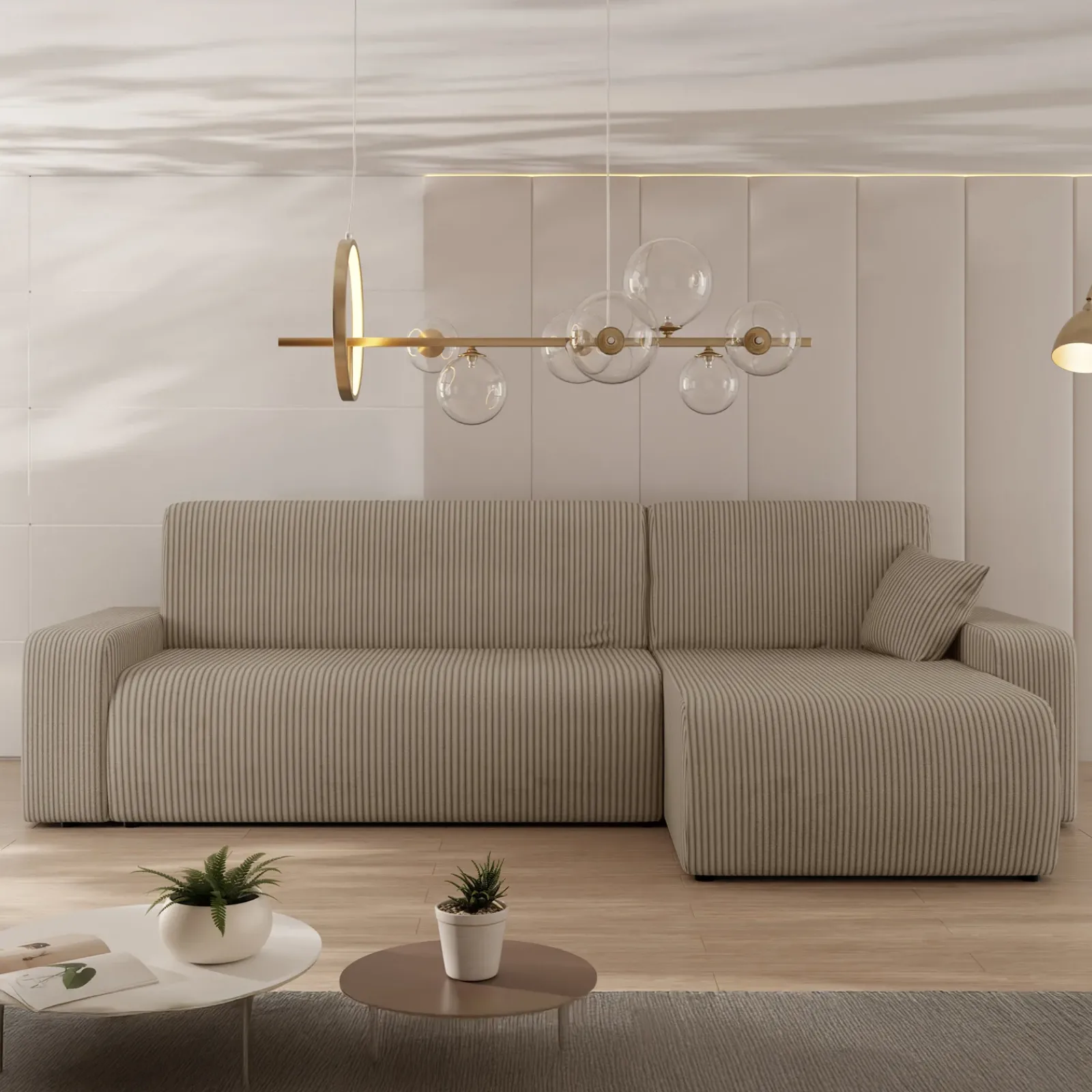 Garnero Arredamenti Divani Angolari|Divani Letto-Divano letto angolare 3 posti 244x145cm con contenitore a coste tortora Slurp Velluto Poso Tortora