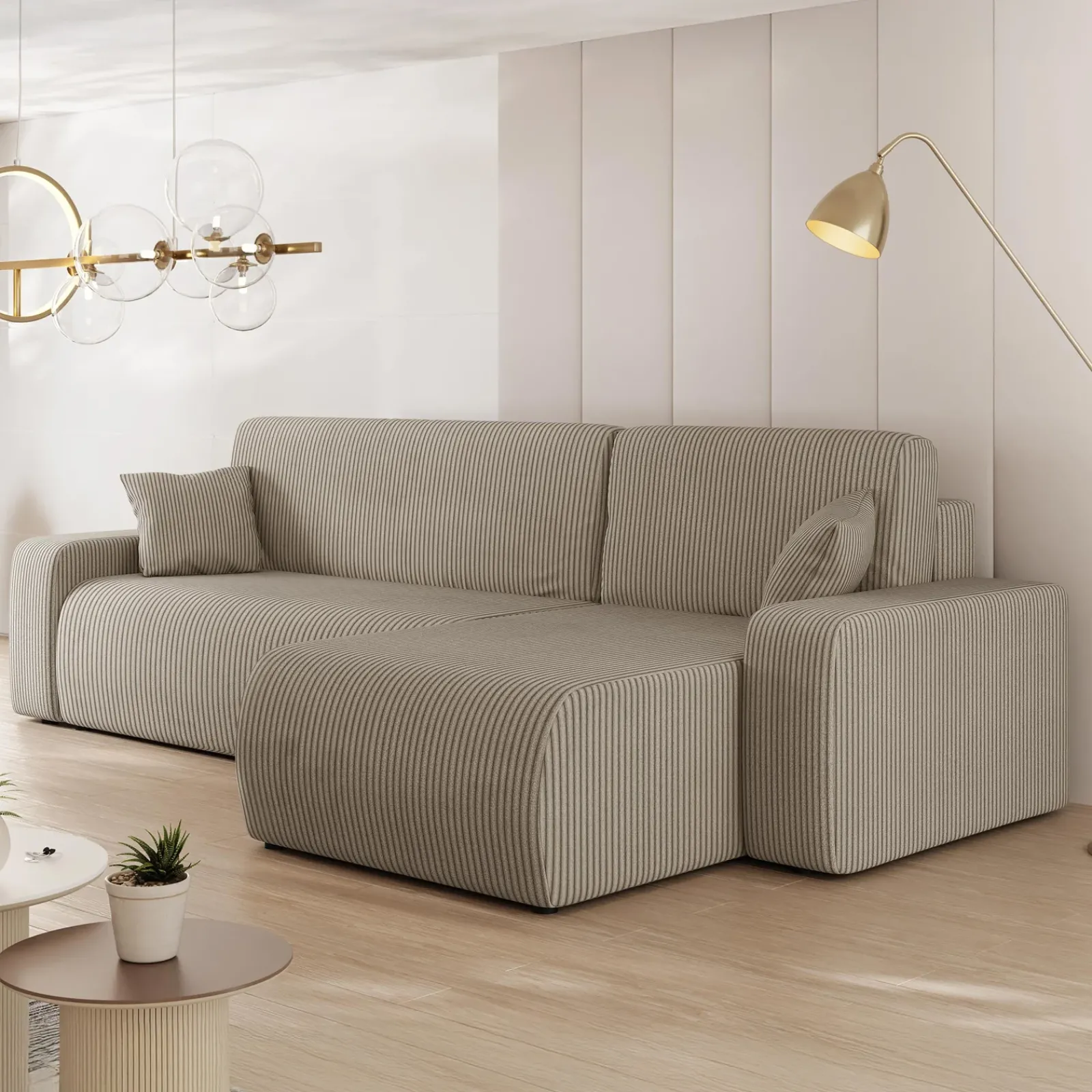 Garnero Arredamenti Divani Angolari|Divani Letto-Divano letto angolare 3 posti 244x145cm con contenitore a coste tortora Slurp Velluto Poso Tortora