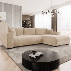 Garnero Arredamenti Divani Angolari|Divani Letto-Divano letto angolare 4 posti 285x188cm con contenitore imbottito tessuto beige Soft Tessuto Clara Beige