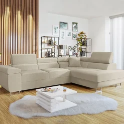 Garnero Arredamenti Divani Angolari|Divani Letto-Divano letto angolare destra imbottito 274x203cm beige Bormio Tessuto Vellutato Manila Beige