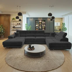 Garnero Arredamenti Divani Angolari|Divani Letto-Divano letto angolare destra 5 posti 346x203cm con box contenitore velluto nero Moirea Tessuto Vellutato Manila Nero