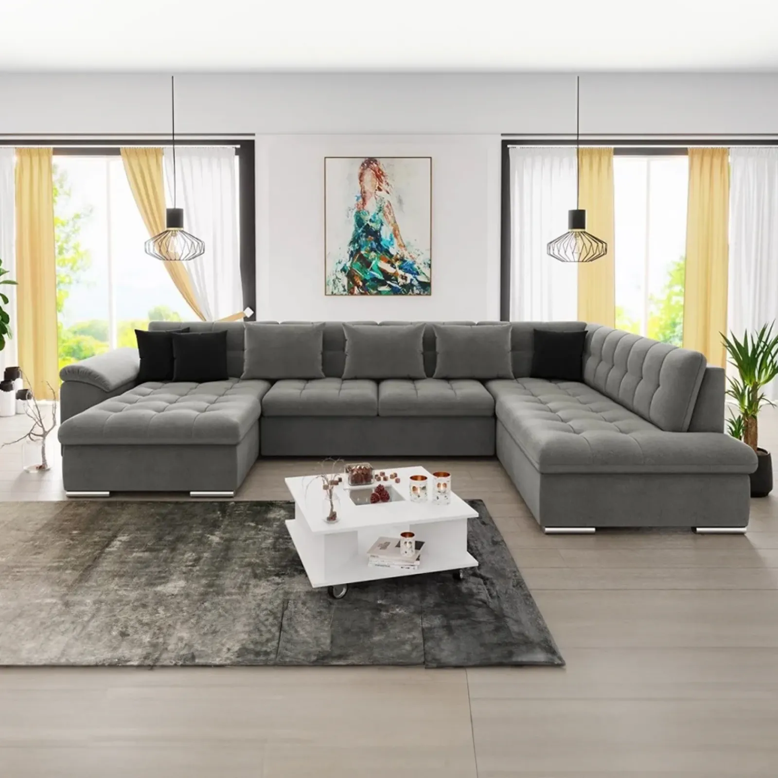 Garnero Arredamenti Divani Panoramici|Divani Angolari-Divano letto angolare destra 5 posti 350x205cm grigio Agliana Tessuto Vellutato Manila Grigio Nero