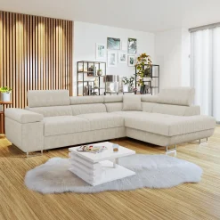 Garnero Arredamenti Divani Angolari|Divani Letto-Divano letto angolare destra 4 posti 274x203cm imbottito a coste beige Bormio Velluto a Coste Poso Beige