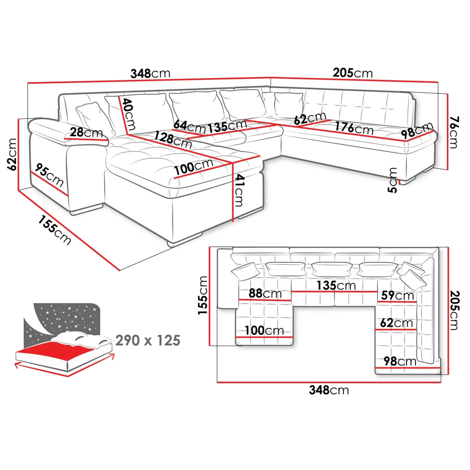 Garnero Arredamenti Divani Panoramici|Divani Angolari-Divano letto angolare destra 5 posti 350x205cm grigio scuro Agliana Tessuto Trama Fitta Grigio