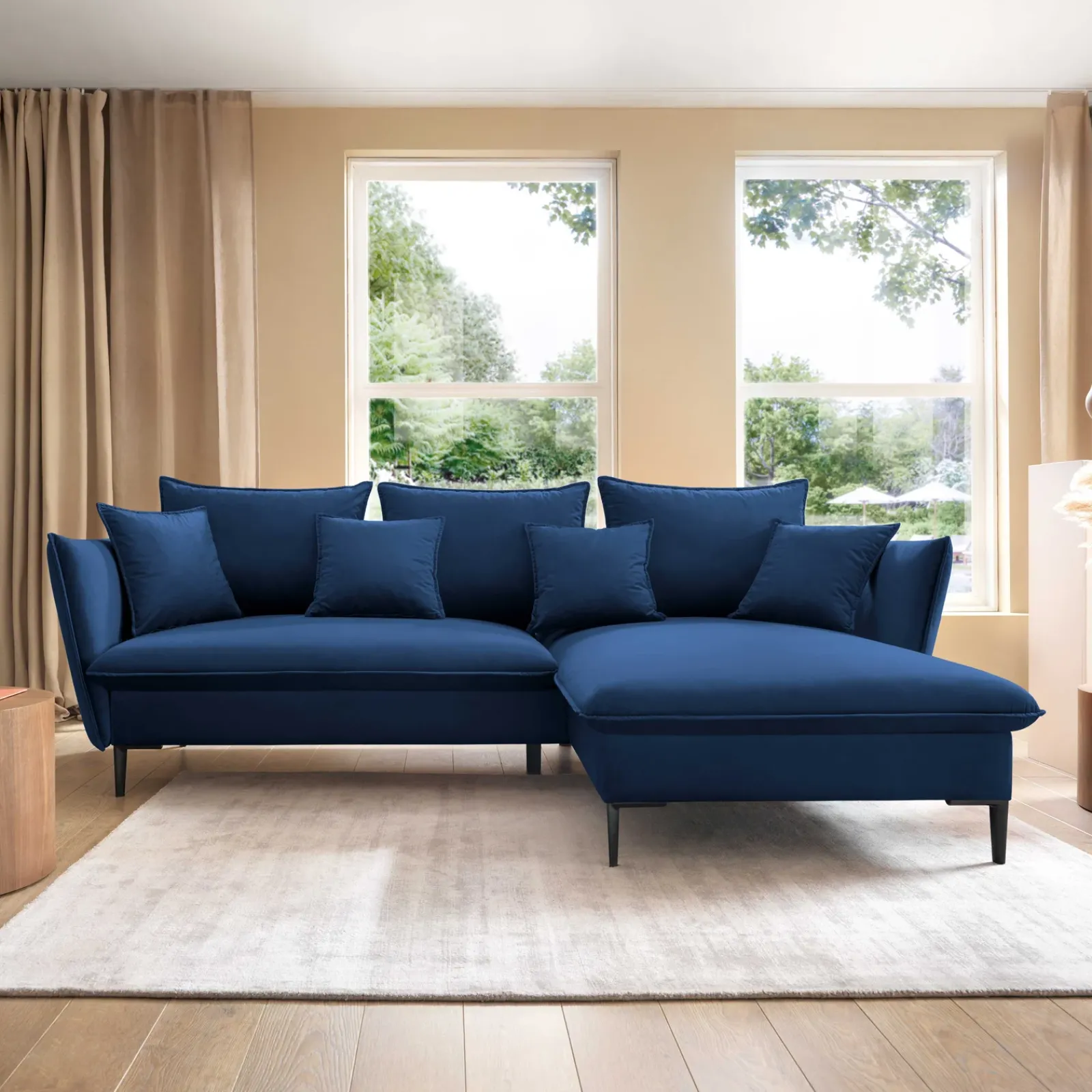 Garnero Arredamenti Divani Angolari|Divani Letto-Divano letto angolare destro 3 posti 258x167cm tessuto blu Lushify Tessuto Riviera Vellutato Blu