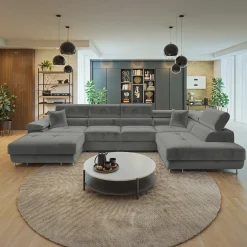 Garnero Arredamenti Divani Angolari|Divani Letto-Divano letto angolare destra 5 posti 346x203cm con box contenitore velluto grigio Moirea Tessuto Vellutato Manila Grigio