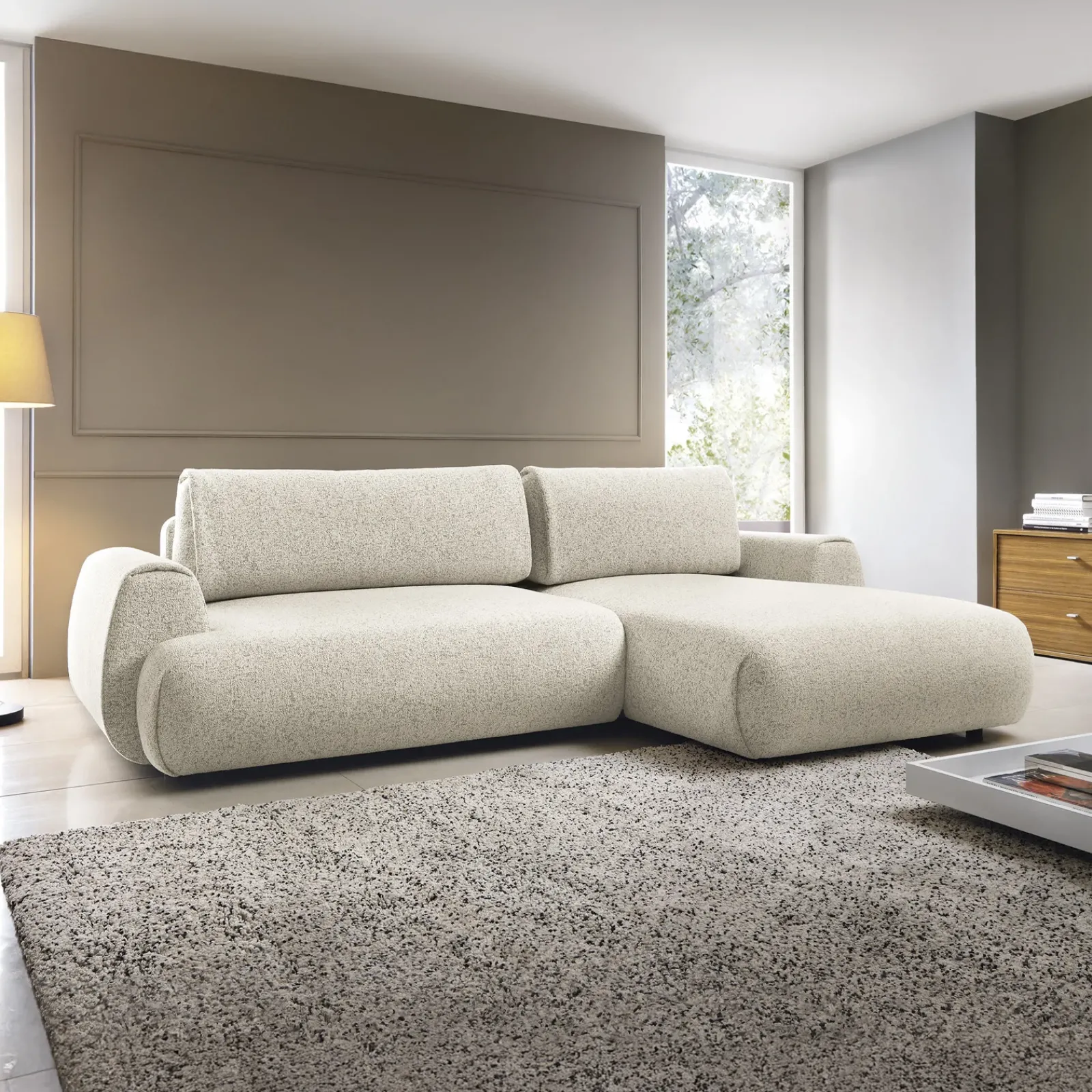 Garnero Arredamenti Divani Angolari|Divani Letto-Divano letto angolare destra 3 posti 270x167cm tessuto bianco Cloudify Tessuto Puente Bianco