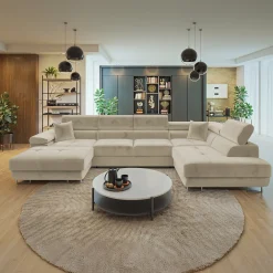 Garnero Arredamenti Divani Angolari|Divani Letto-Divano letto angolare destra 5 posti 346x203cm con box contenitore vellutato beige Moirea Tessuto Vellutato Manila Beige