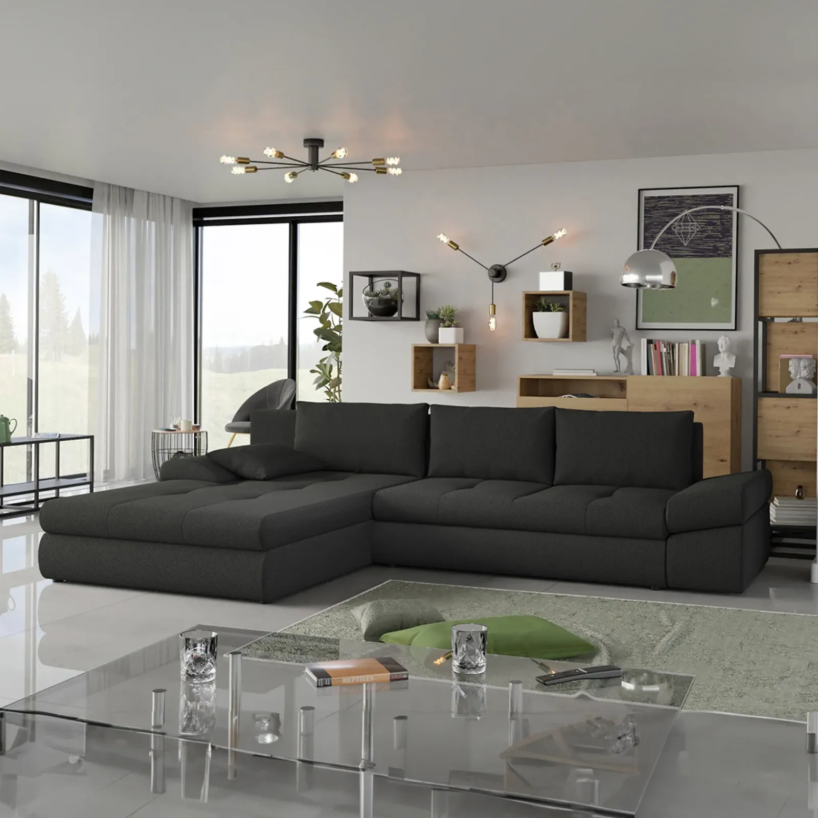 Garnero Arredamenti Divani Angolari|Divani Letto-Divano letto angolare reversibile 313x215cm tessuto antracite Puffo