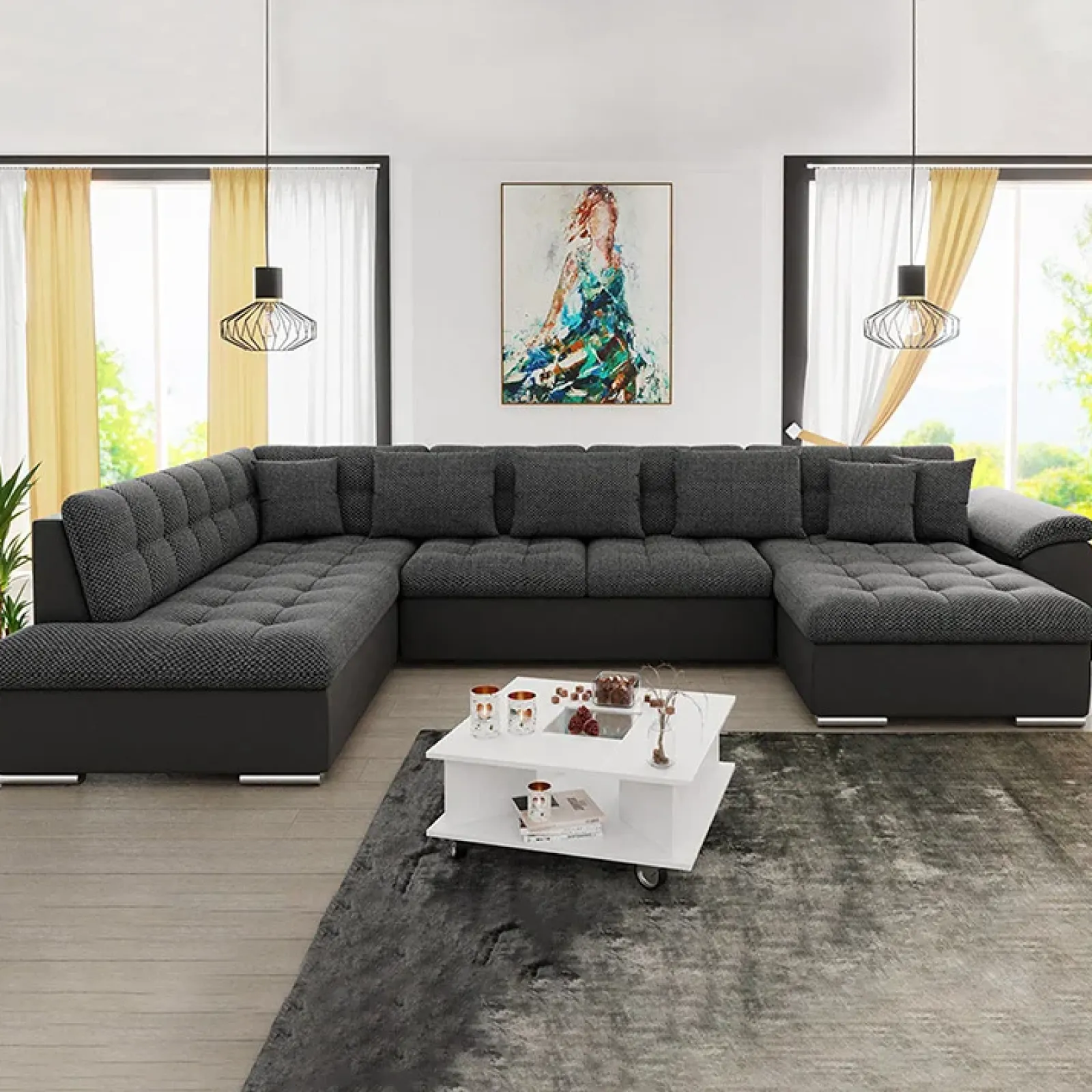 Garnero Arredamenti Divani Panoramici|Divani Angolari-Divano letto angolare sinistra 5 posti 350x205cm grigio scuro Agliana Tessuto Trama Fitta Grigio