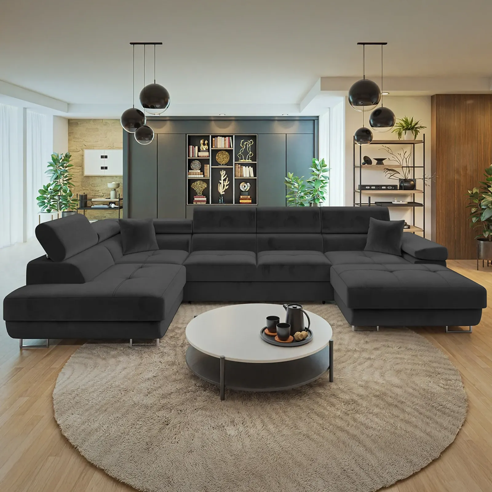 Garnero Arredamenti Divani Angolari|Divani Letto-Divano letto angolare sinistra 5 posti 346x203cm con box contenitore vellutato nero Moirea Tessuto Vellutato Manila Nero