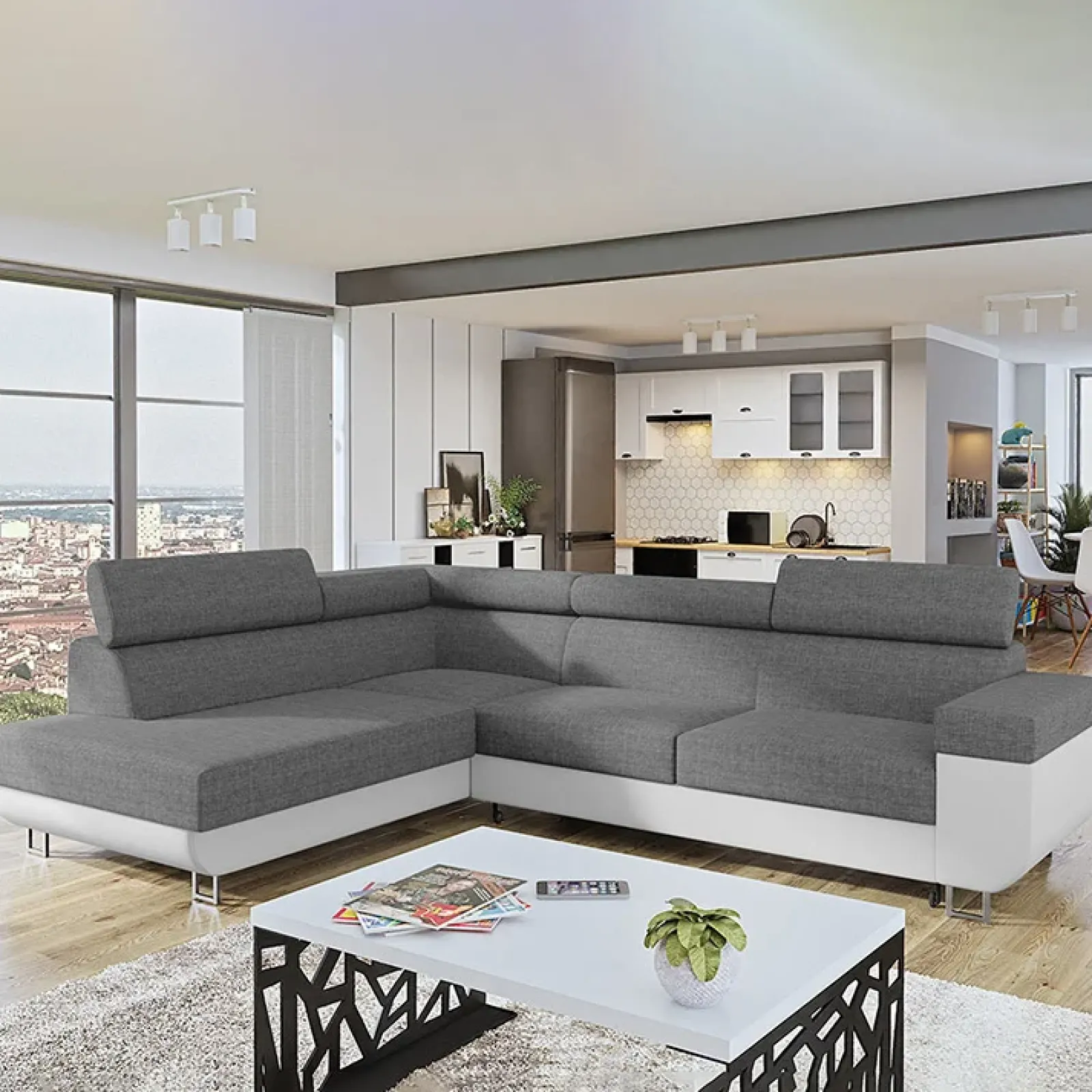 Garnero Arredamenti Divani Angolari|Divani Letto-Divano letto angolare sinistra 3 posti 253x188cm grigio bianco Almese Tessuto Lux Ecopelle Grigio Bianco