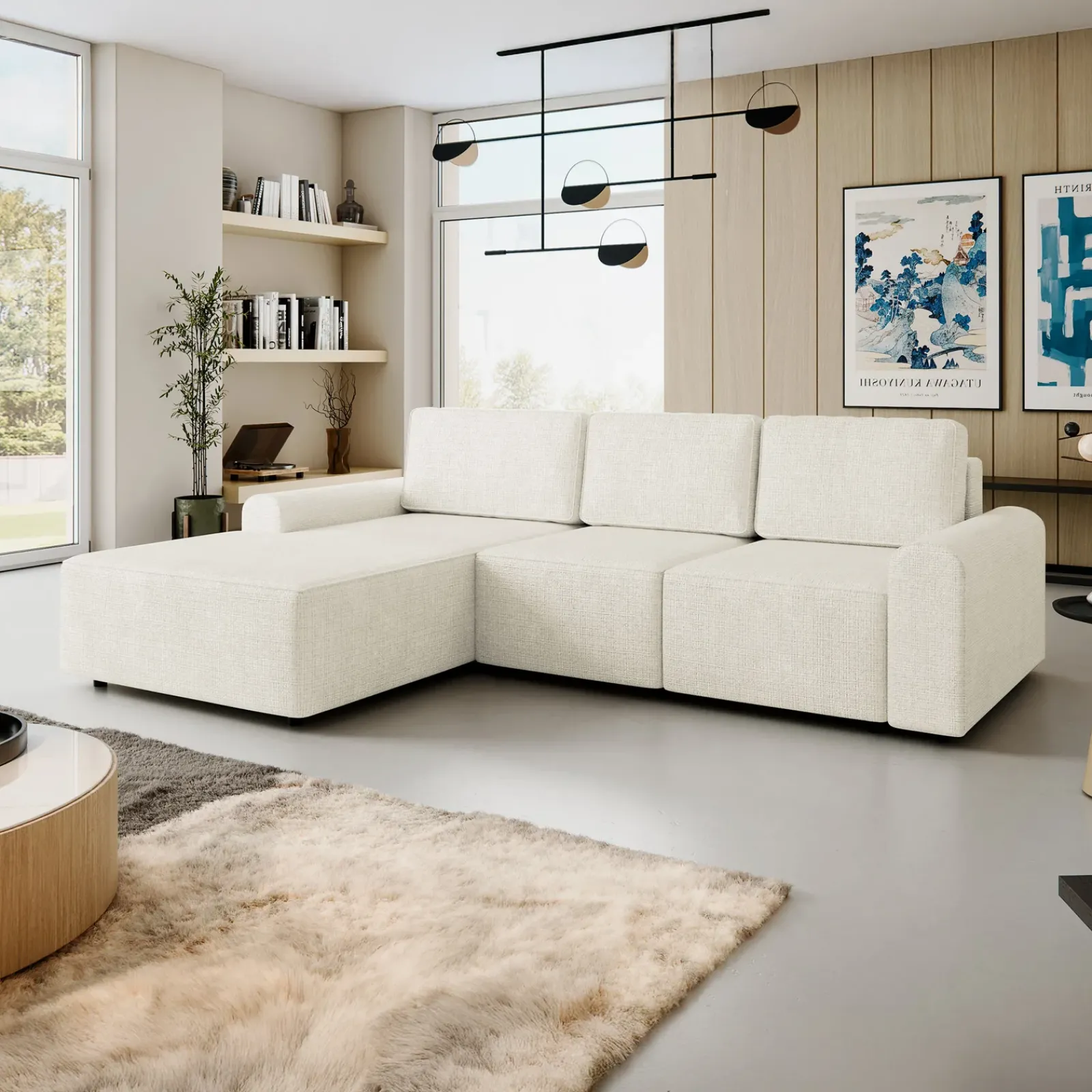 Garnero Arredamenti Divani Angolari|Divani Letto-Divano letto angolare sinistra 3 posti 258x168 cm con contenitore a trama sottile beige Olivon