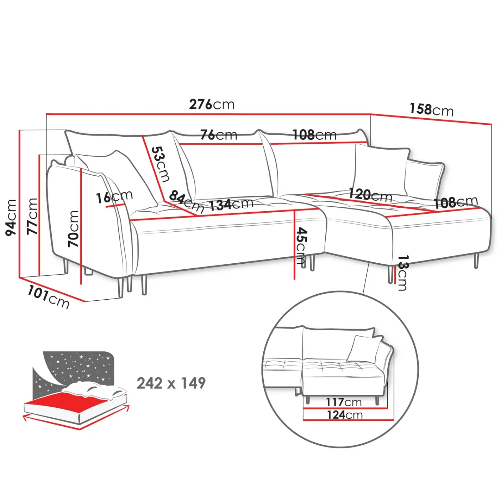Garnero Arredamenti Divani Angolari|Divani Letto-Divano letto angolare sinistro 3 posti 276x158cm tessuto grigio antracite Angle Tessuto Peluche Onega Antracite