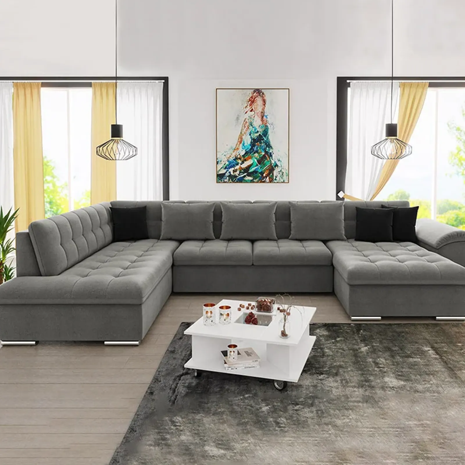 Garnero Arredamenti Divani Panoramici|Divani Angolari-Divano letto angolare sinistra 5 posti 350x205cm grigio Agliana Tessuto Vellutato Manila Grigio Nero