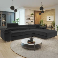 Garnero Arredamenti Divani Angolari|Divani Letto-Divano letto con angolo a destra 4 posti 280x170cm box contenitore velluto nero Elvio Tessuto Vellutato Manila Nero