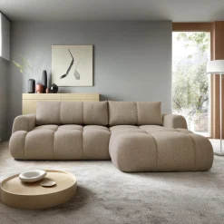 Garnero Arredamenti Divani Angolari|Divani Letto-Divano letto con angolo a destra 4 posti 270x173cm con contenitore tessuto bouclé marrone chiaro Litos Tessuto Bouclè Marrone Chiaro