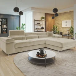 Garnero Arredamenti Divani Angolari|Divani Letto-Divano letto con angolo a destra 4 posti 280x170cm box contenitore vellutato beige Elvio Tessuto Vellutato Manila Beige