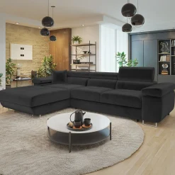 Garnero Arredamenti Divani Angolari|Divani Letto-Divano letto con angolo a sinistra 4 posti 280x170cm box contenitore velluto nero Elvio Tessuto Vellutato Manila Nero