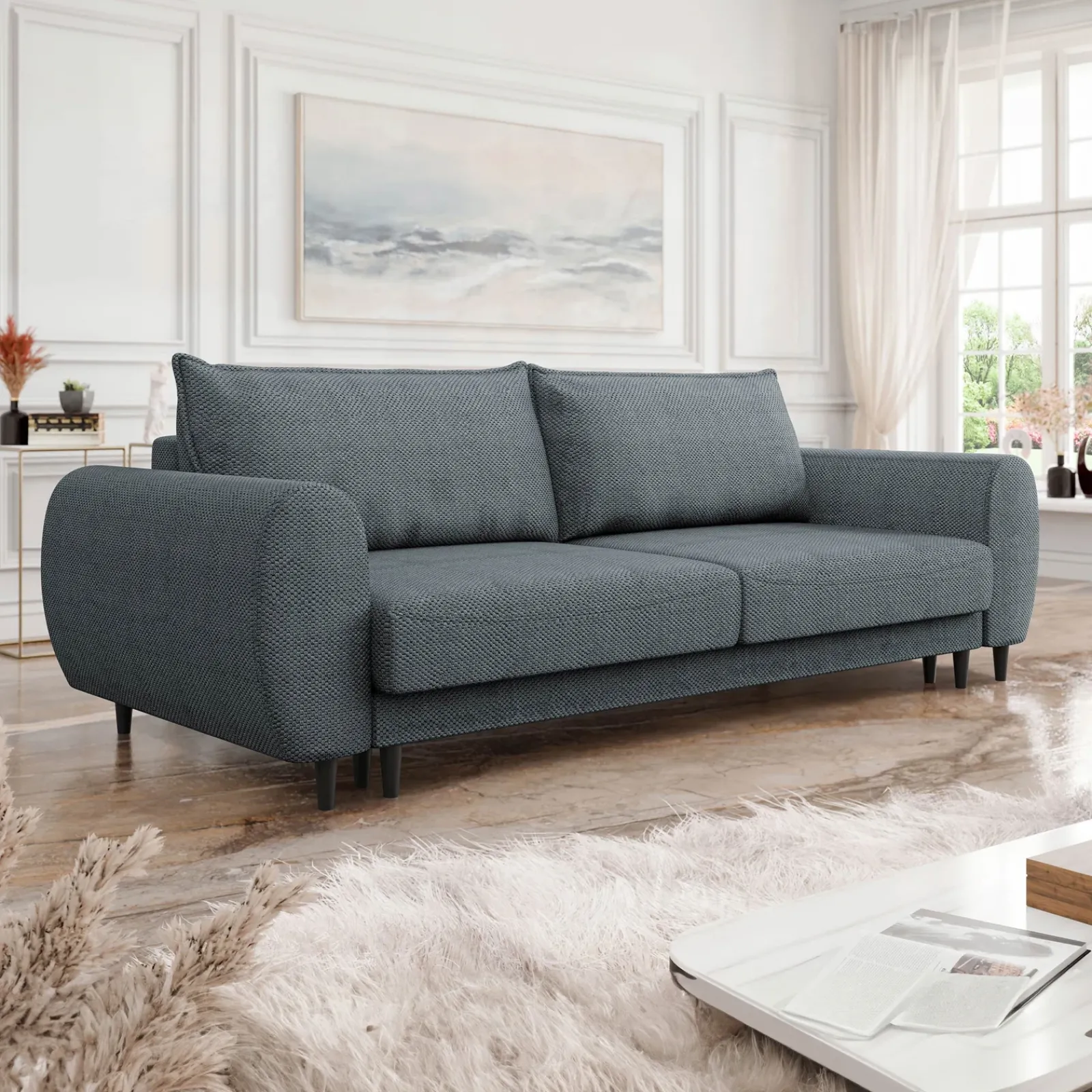 Garnero Arredamenti Divani Lineari|Divani Letto-Divano letto matrimoniale 3 posti 251x95cm tessuto grigio scuro Pluffy Tessuto Peluche Onega Grigio Scuro