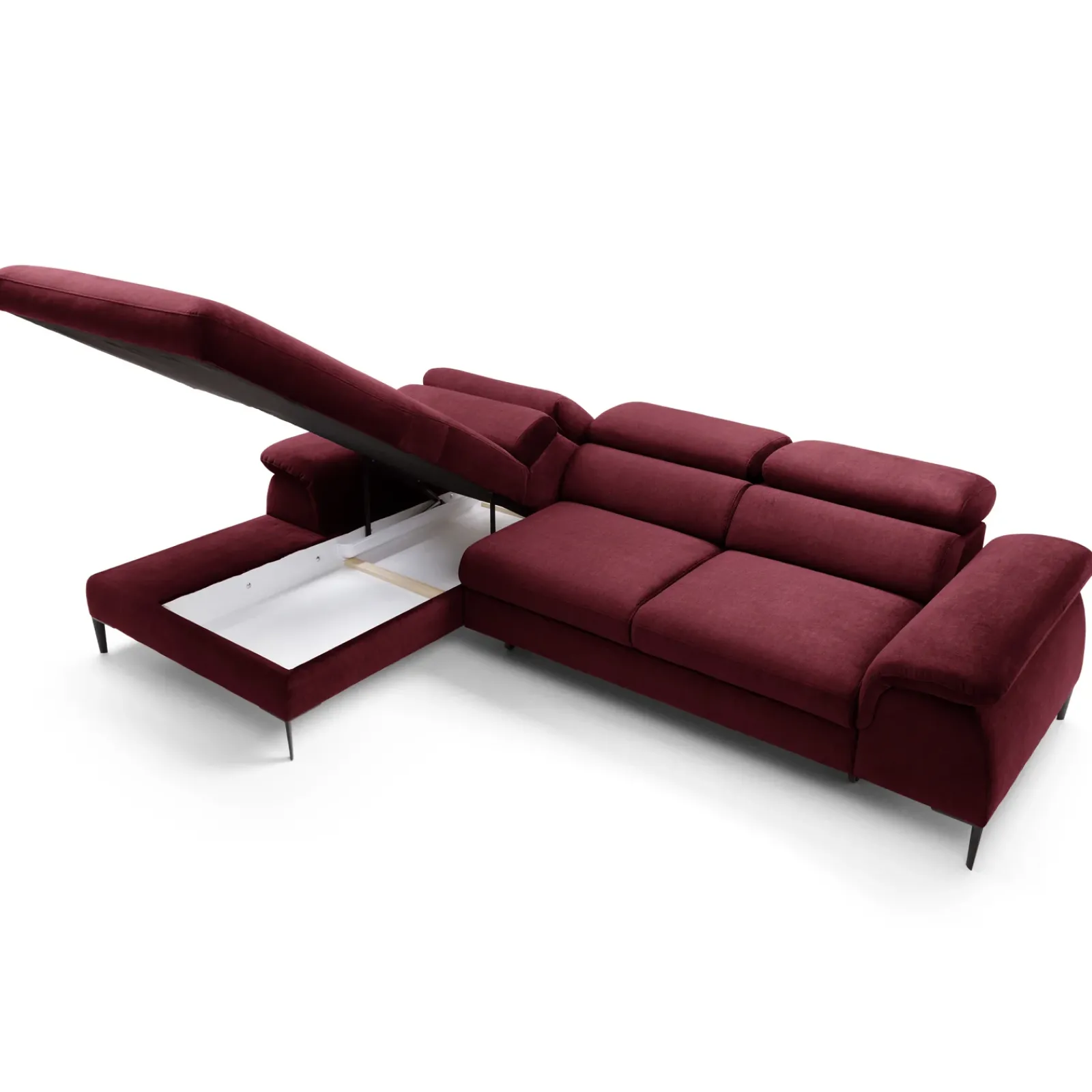 Garnero Arredamenti Divani Angolari|Divani Letto-Divano letto regolabile angolare sinistra 4 posti 288x182cm tessuto rosso bordeaux Loungey Tessuto Vellutato Vogue Bordeaux