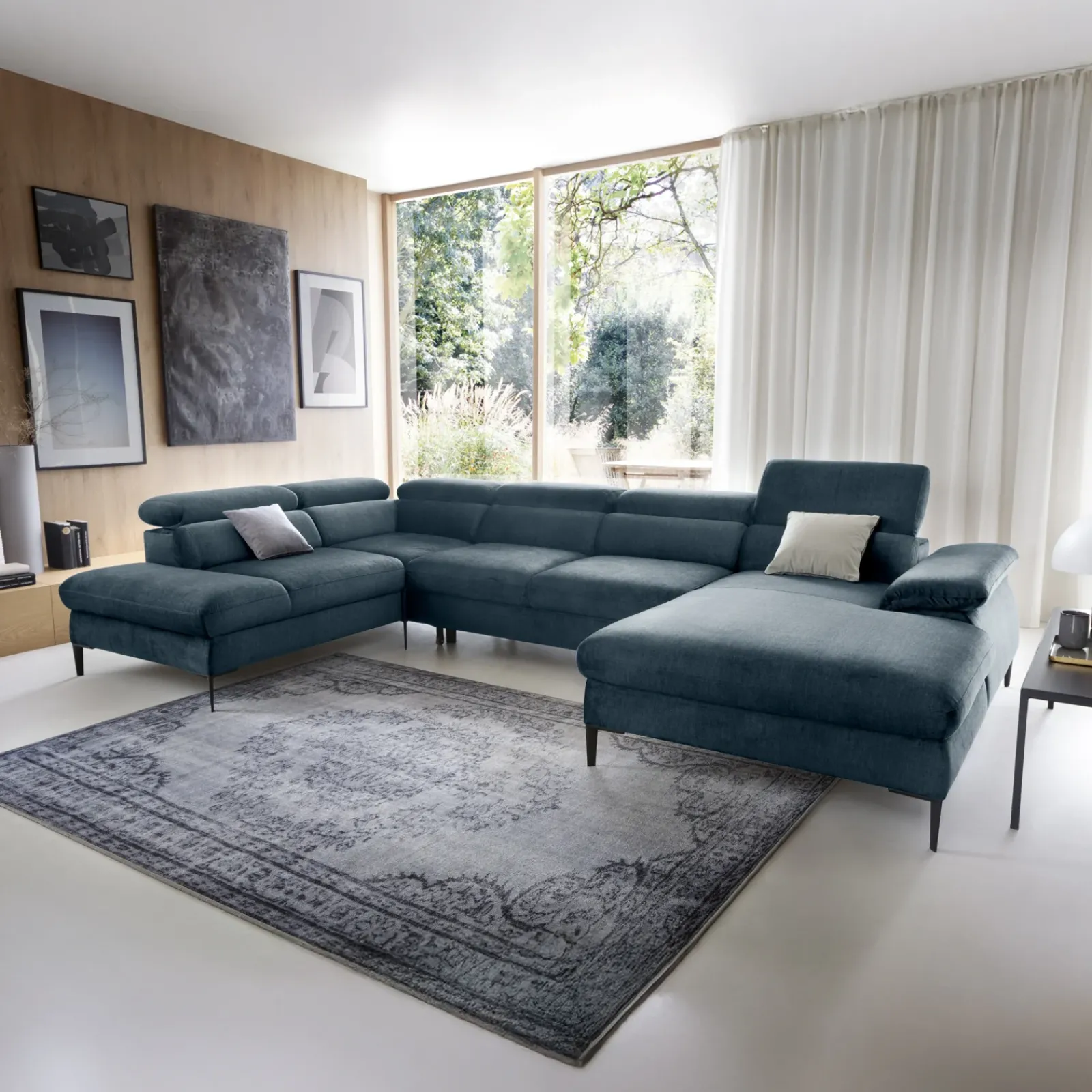 Garnero Arredamenti Divani Angolari|Divani Letto-Divano letto regolabile angolare sinistro 5 posti 353x214cm tessuto azzurro Calmora Tessuto Vellutato Vogue Azzurro