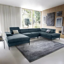 Garnero Arredamenti Divani Angolari|Divani Letto-Divano letto regolabile angolare destro 5 posti 353x214cm tessuto azzurro Calmora Tessuto Vellutato Vogue Azzurro