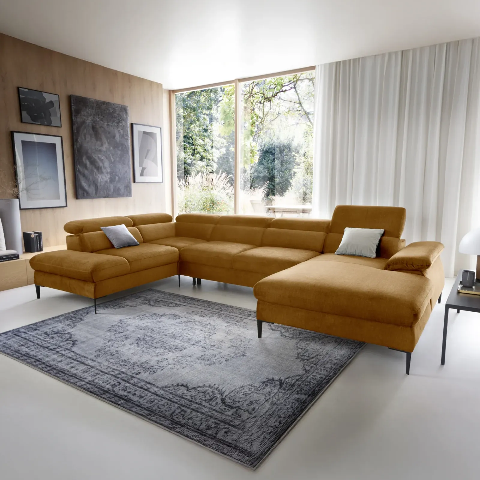 Garnero Arredamenti Divani Angolari|Divani Letto-Divano letto regolabile angolare sinistro 5 posti 353x214cm tessuto giallo senape Calmora Tessuto Vellutato Vogue Giallo Senape