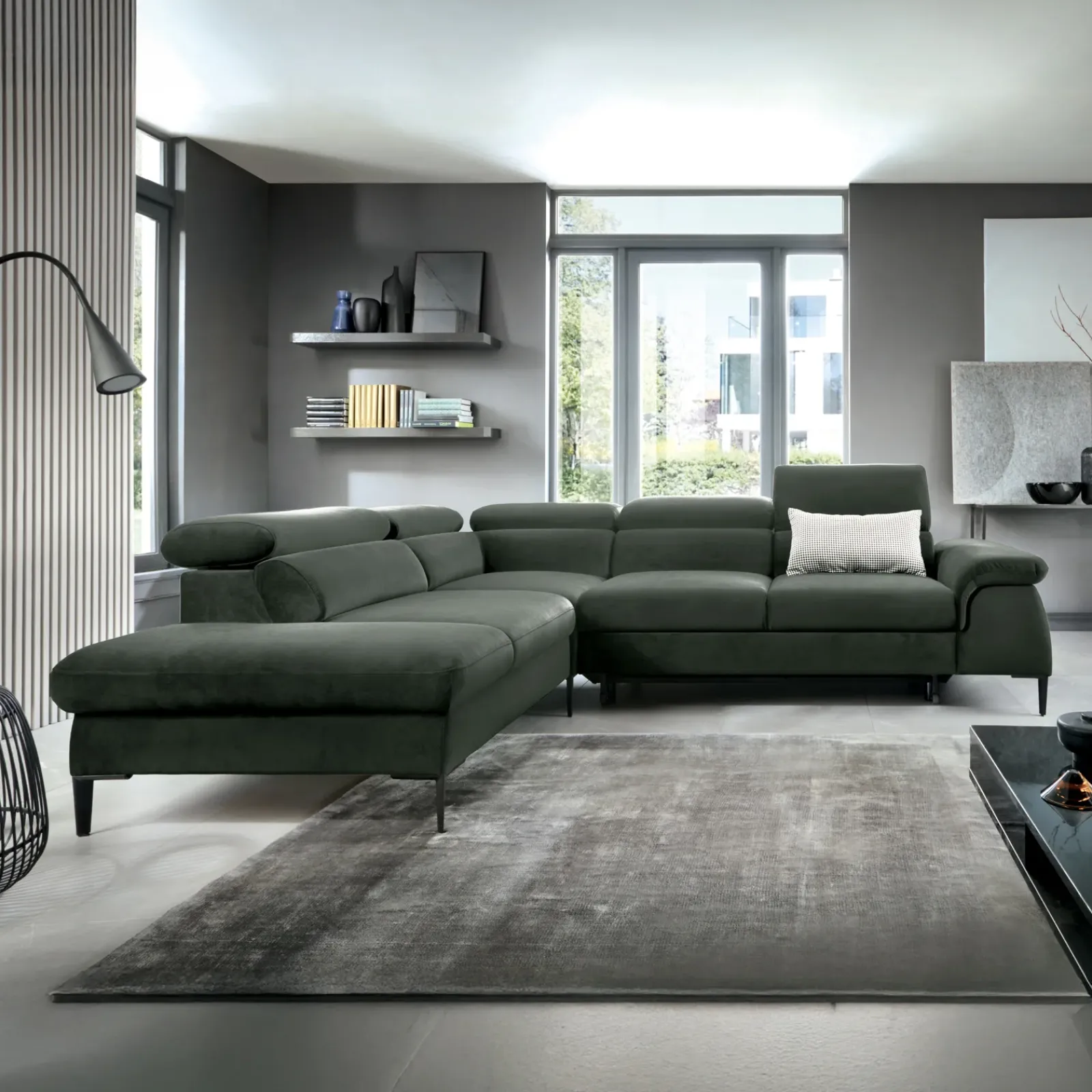 Garnero Arredamenti Divani Angolari|Divani Letto-Divano letto regolabile angolare sinistra 5 posti 280x214cm tessuto verde Snuggity Tessuto Vellutato Vogue Verde