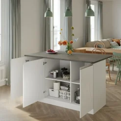 Garnero Arredamenti Isole Cucina-Isola cucina centrale 155x90cm 3 ante bianco laccato con piano grigio effetto pietra Gourmet Bianco Lucido - Grigio pietra