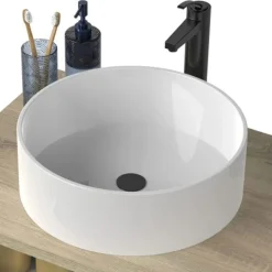 Garnero Arredamenti Lavabi Bagno-Lavabo bagno da appoggio rotondo Ø36cm in ceramica bianco lucido Linkuva