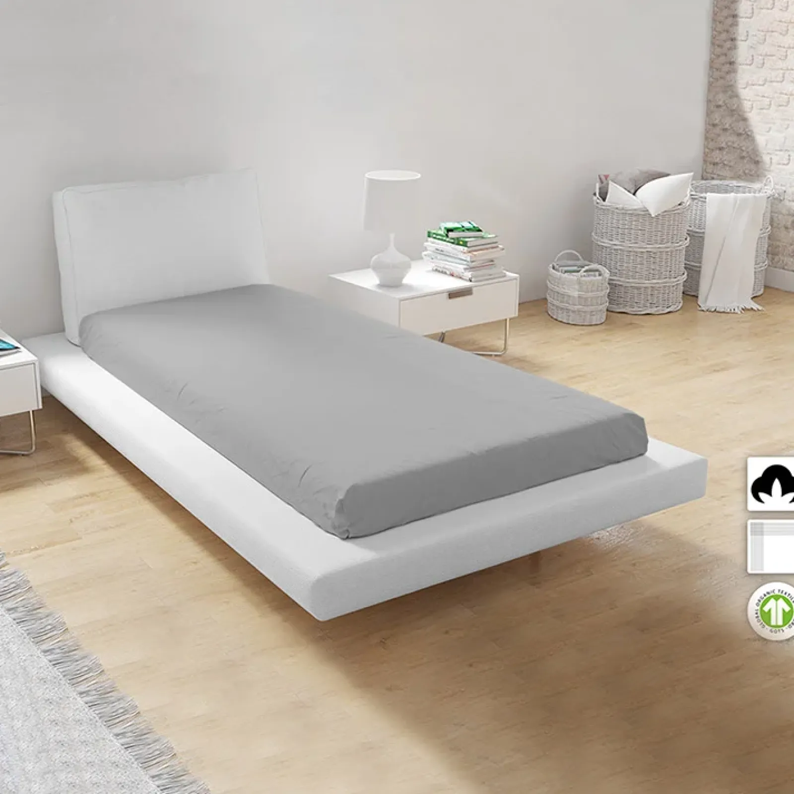 Garnero Arredamenti Set Lenzuola|Set Lenzuola-Lenzuolo singolo con angoli in cotone bio 90x200cm grigio Rolla