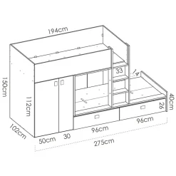 Garnero Arredamenti Letti A Castello|Letti A Castello-Letto a castello con armadio 275x106cm bianco rovere Clark