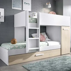 Garnero Arredamenti Letti A Castello|Letti A Castello-Letto a castello con armadio 244x126cm bianco rovere 3 letti Damian Bianco Opaco - Rovere