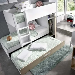 Garnero Arredamenti Letti A Castello|Letti A Castello-Letto a castello con armadio 244x126cm bianco rovere 3 letti Damian Bianco Opaco - Rovere