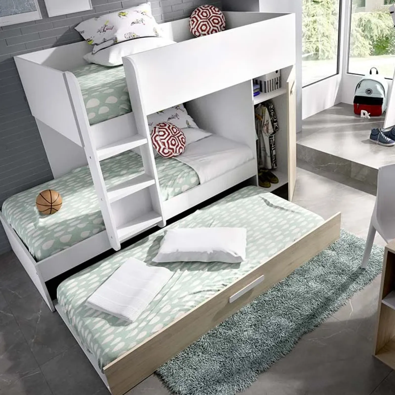 Garnero Arredamenti Letti A Castello|Letti A Castello-Letto a castello con armadio 244x126cm bianco rovere 3 letti Damian Bianco Opaco - Rovere