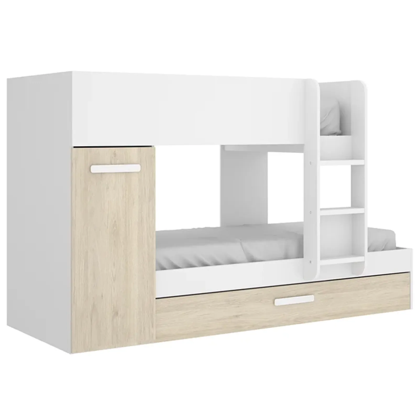 Garnero Arredamenti Letti A Castello|Letti A Castello-Letto a castello con armadio 244x126cm bianco rovere 3 letti Damian Bianco Opaco - Rovere