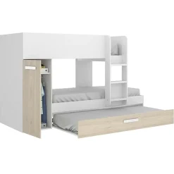 Garnero Arredamenti Letti A Castello|Letti A Castello-Letto a castello con armadio 244x126cm bianco rovere 3 letti Damian Bianco Opaco - Rovere