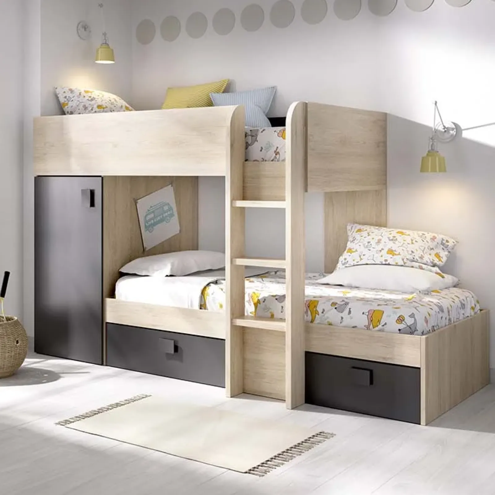 Garnero Arredamenti Letti A Castello|Letti A Castello-Letto a castello per bambini con armadio 255x112cm rovere grafite Sole Rovere - Grafite