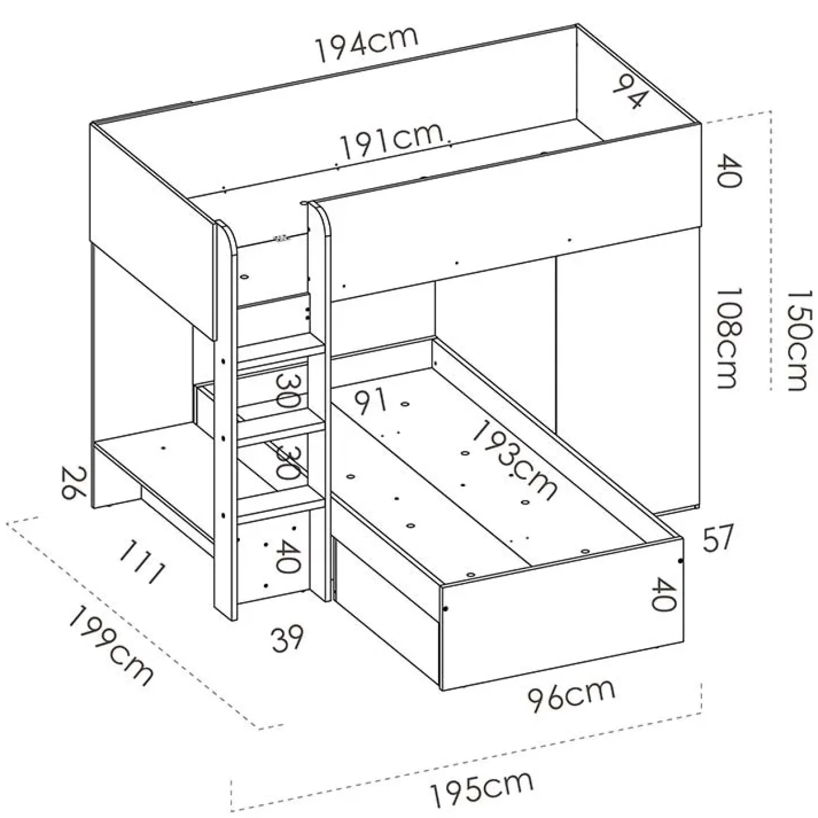 Garnero Arredamenti Letti A Castello|Letti A Castello-Letto a castello per bambini con armadio 255x112cm rovere grafite Sole Rovere - Grafite